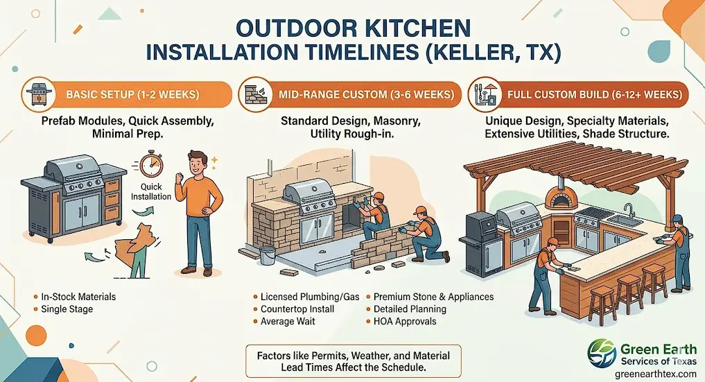  Chart comparing outdoor kitchen timelines: Basic (1-2 weeks), Mid-range (3-6 weeks), and Full Custom (6-12+ weeks) in Keller, TX. 
