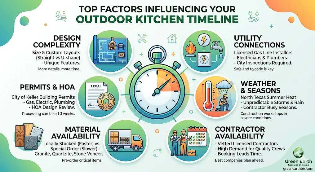  Graphic outlining 6 factors affecting kitchen timelines, including permits, materials, utilities, and North Texas weather. 