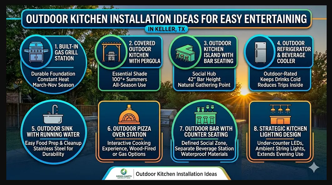 Summary of 8 outdoor kitchen design ideas for Keller, TX homes, including grills, pergolas, and pizza ovens. 