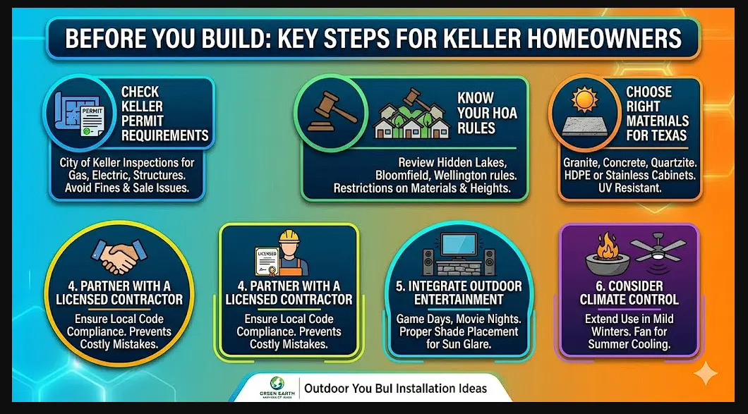 Checklist for Keller homeowners on outdoor kitchen permits, HOA rules, and material selection. 