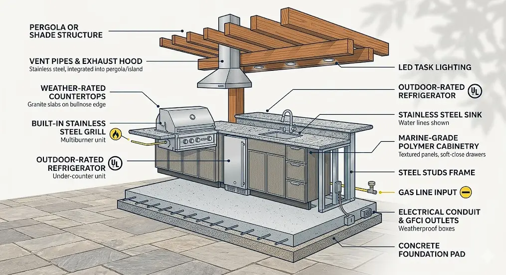 Diagram showing the structural layers of an outdoor kitchen, including framing, utilities, and built-in appliances. 