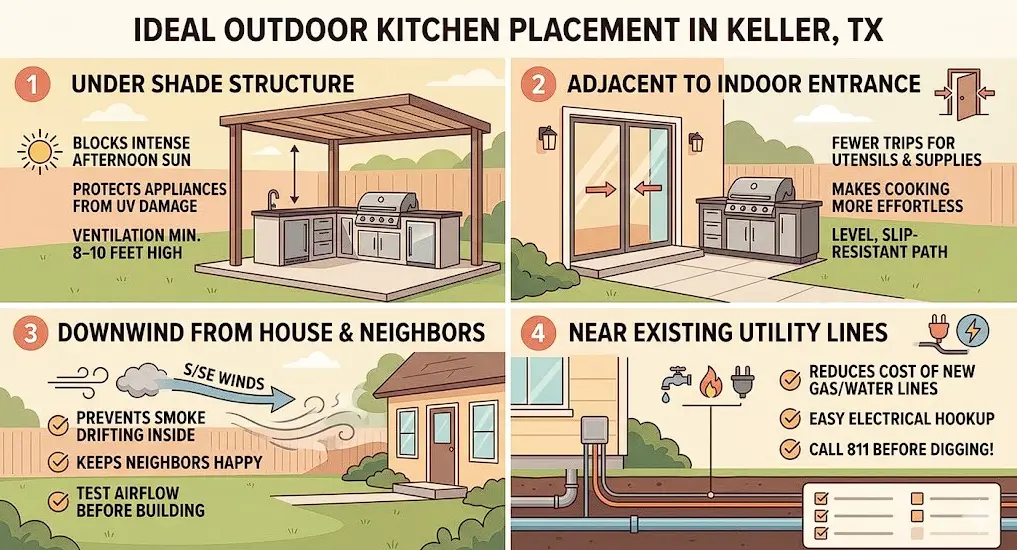 Infographic showing four key placement tips for an outdoor kitchen in Keller, TX: shade structures, proximity to the house, wind direction, and utility access.